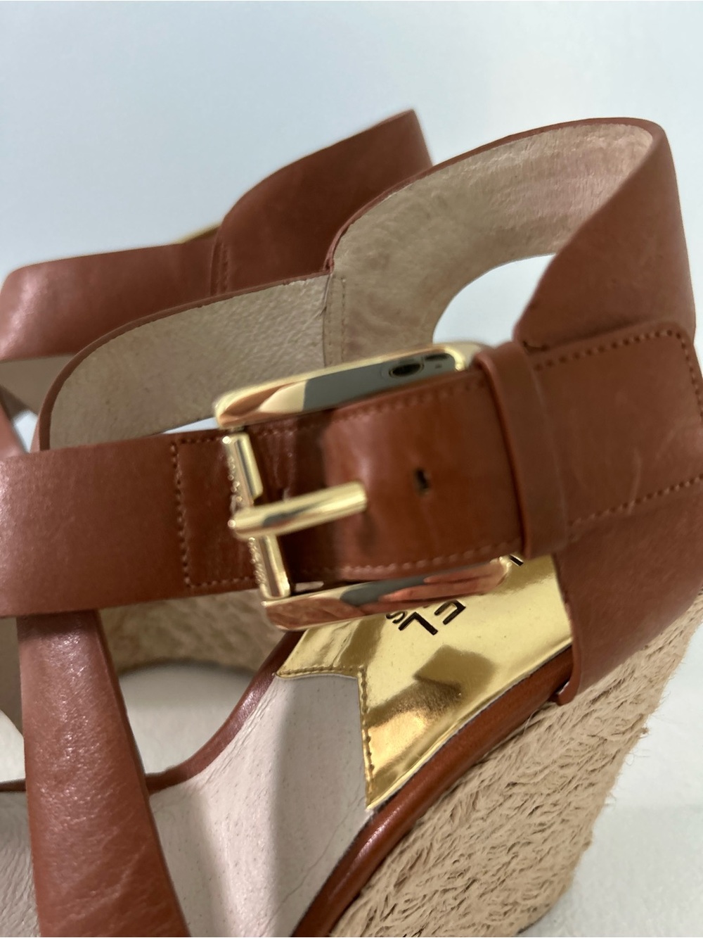 MICHAEL Michael Kors Brown Leather Espadrille Wedge Sandals with Gold Buckle - Picture 4 of 8